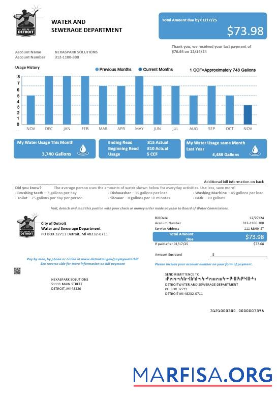 Blank USA Ohio City of Detroit water business utility bill template in Word and PDF formats